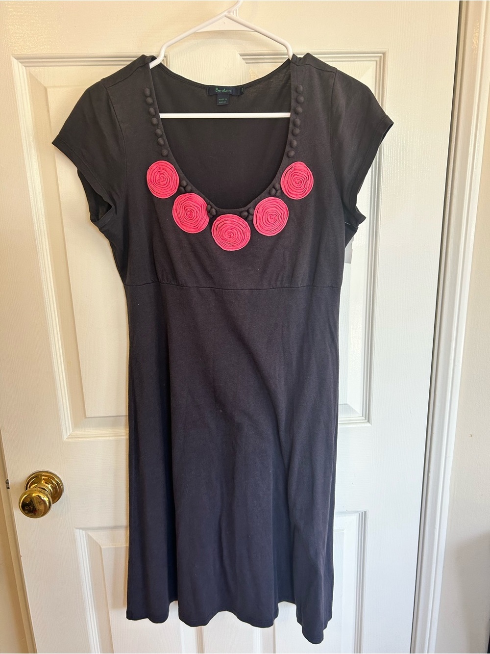 Boden Navy Midi Dress with Pink Rosette Neckline Size 12